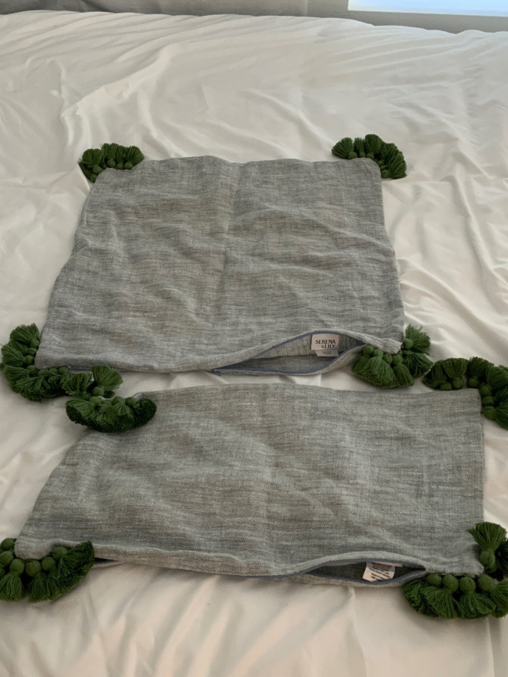 SERENA AND LILY LOT OF 2 BLUE LINEN GREEN TASSELS THROW PILLOWS